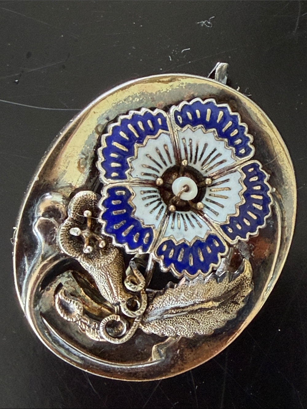 Antique 1800's Biedermeier Style Brooch Enamel Pearl Silver